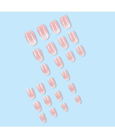 Buy Short Press on Nails - Oval Shape Pink White Gradient Coffin Glossy Full Cover Stick on Nails for Women & Girls | 24pcs Acrylic Artificial Nails - Buy Online on GoSupps.com