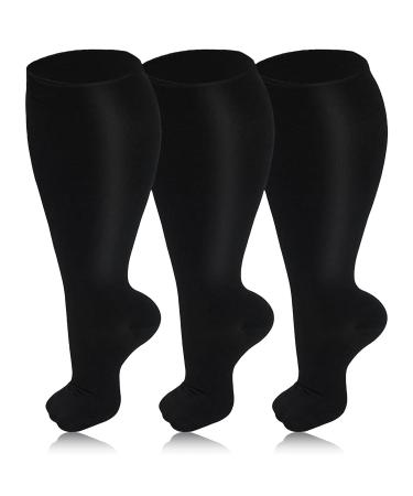 3 Pairs Plus Size Compression Socks for Women & Men 20-30 mmHg Wide Calf Extra Large Knee High Flight Socks Compression Stockings for Circulation Support 3XL 3PCS-Black