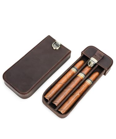 LYGA Cowhide Cigar Case 3 Pack Handmade Locking Drawer Cigar Caddy Vintage Genuine Leather Cigar Humidor. Brown