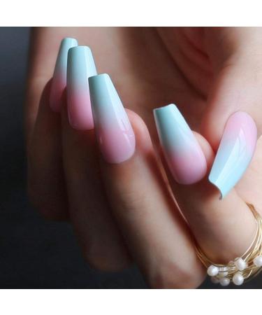 Huil Artificial nails Long Pink Blue Ombre Coffin French Shiny Fake Nails Summer Lovely Salon Glossy Ballet Nails False Nail Medium Art