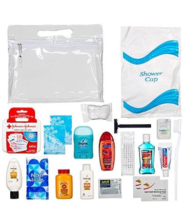 Womens Ultimate Travel Toiletries Bag, Shampoo, Conditioner, Body Wash, Bar Soap, Deodorant, Toothbrush, Toothpaste, Floss, Nail Polish Remover Pads, Bundle of TSA Approved Size (Clear Women's Bag)