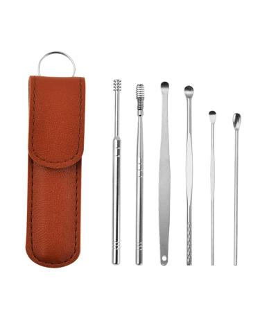 Shiker Innovative Spring Earwax Cleaner Tool Set with PU Bag Earwax Sticks Remover 6pcs/Set Stainless Steel Ear Cleaner Scoop Earpick Great Gift for Family and Friends Brown