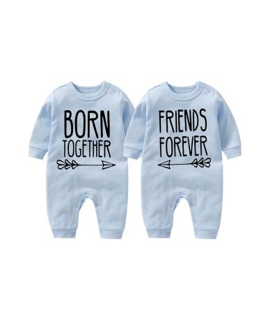 culbutomind Baby Twins Bodysuit Born Together Friends Forever Newborn Baby Unisex Romper Cute Outfit With Hat Set Blue BFT 0-3 Months