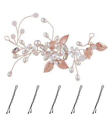 KINDOYO Bride Hair Headbands Accessories - Wedding Flower Headband Bridal Bridesmaid Hair Pieces Hair Clip Pearl Rhinestone Hair Vine for Women and Girls - Rose Gold