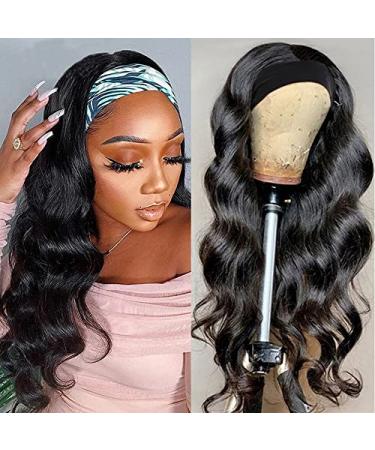 Fugady Glueless Headband Wig Headband Wig Body Wave None Lace Front Wig Natural Color Synthetic Long Wavy Dark Brown Headband Wigs for Black Women Natural Looking