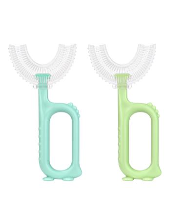 Vicloon U Shaped Toothbrush Set of 2 Oral Cleaning Toothbrush Kids U Shaped Manual Toothbrush with Silicone Brush Head and Non-Slip Handle for Children Sky Blue&Light Green (7-12 Years) Sky Blue+light Green