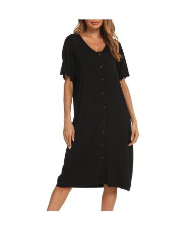 Jecarden Women's Maternity Nightgowns Short Sleeve Hospital Childbirth Nightgown Sleepwear Modal Cotton Nightgown with Comfortable Buttons Black L