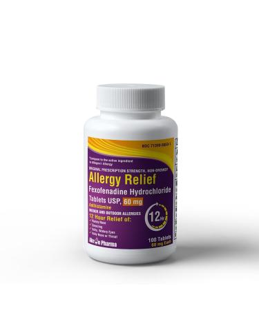 Akron Pharma Allergy Relief Fexofenadine Hydrochloride 60 mg Non-Drowsy Antihistamine Allergy Symptom Relief 100 Tablets