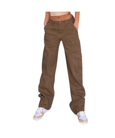 Baggy Cargo Pants for Teen Girls Women High Waist Straight Wide Leg Jeans Fashion Lounge Trousers Y2K E-Girl Streetwear Brown Medium