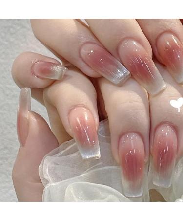 Ombre Press on Nails Medium Length Acrylic Fake Nails Coffin Press ons Artificial Full Cover False Nails Natural Presson on Nail Square Stick on Nails for Women 24 Pcs Ombre-Red