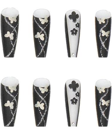 JUSTOTRY 24 Pcs Long Black & Silver Butterfly Press on Nails - French Ballerina False Nails with Floral Designs | Acrylic Coffin Nails for Women - Buy Online on GoSupps.com