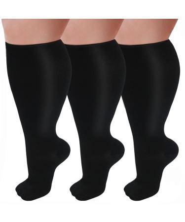 GET-FA 3 Pairs Plus Size Compression Socks for Women and Men Wide Calf 20-30mmhg Extra Large Knee High Support for Circulation 01-3 Black XX-Large