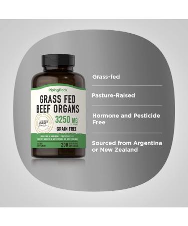 Piping Rock Grass Fed Beef Organs | 3250 mg | 200 Capsules | Liver Kidney Pancreas Heart Spleen Supplement | Non-GMO Gluten Free - Buy Online on GoSupps.com