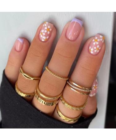 Flower Press on Nails Short Square Fake Nails Acrylic Artificial French Full Cover Spring False Nails Floral Daisy Designs Glue on Nails Nude Pink Nails for Women Decoration 24Pcs Purple