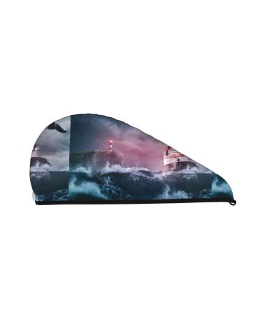 Hair Towel Wrap Hair Drying Towel with Button Towel Turban Head Towel to Dry Hair Quickly (Boat Lighthouse Storm Waves)