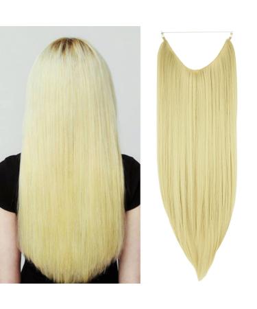 Beach Blonde Halo Hair Extensions Secret Wire Headband Straight Long Synthetic Hairpieces 22 Inch 4.4Oz for Women Heat Friendly Fiber No Clip OMGEAT 22Inch&Straight Bleach Blonde #2