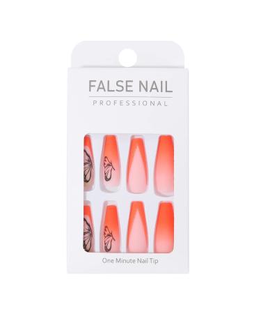Brishow Orange Artificial Press On Nails with Gold Glitter Butterfly - 24 Ballerina Acrylic False Nails for Women & Girls - Buy Online on GoSupps.com