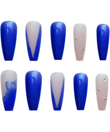 Justotry 24 Glitter False Nails - Long Dark Blue French Press On Nails | Ballerina Stick On Nails for Women - Acrylic Coffin Diamante Fake Nails Medium with Glue - Nail Art Blue & Diamond - Buy Online on GoSupps.com