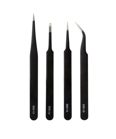 Tovip 4 Pcs ESD Tweezers Set Anti-Static Tweezers Stainless Steel Tweezers for Eyelash Extension Electronics Jewelry-making - Straight and Curved Tip Tweezers - Black