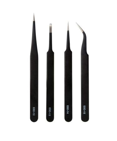 Tovip 4 Pcs ESD Tweezers Set Anti-Static Tweezers Stainless Steel Tweezers for Eyelash Extension Electronics Jewelry-making - Straight and Curved Tip Tweezers - Black