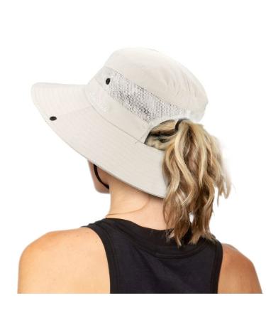 Women's Outdoor UV-Protection-Foldable Sun-Hats Mesh Wide-Brim Beach Fishing Hat with Ponytail-Hole Beige