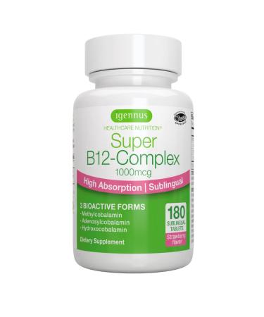 Super B12-Complex 1000mcg, Sublingual Vitamin B12, 180 Servings, Methylcobalamin, Adenosylcobalamin & Hydroxocobalamin, High Absorption Sugar-Free Melts, Vegan