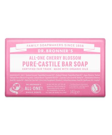 Dr Bronner's Cherry Blossom Pure-Castile Bar Soap Made with Organic Ingredients and Pure Essential Oils Used for Face Body and Hair Certified Fair Trade & Vegan Friendly 140g Bar Cherry Blossom 140 g (Pack of 1)