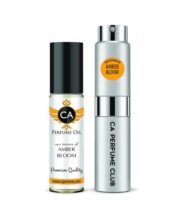 CA Perfume Duo Impression of Amber Bloom For Women & Men Eau de Parfum Refillable Atomizer Sprayer + Fragrance Body Oil Long Lasting Sample Travel Size Roll-On Bottle 0.27 Fl Oz+0.33 Fl Oz