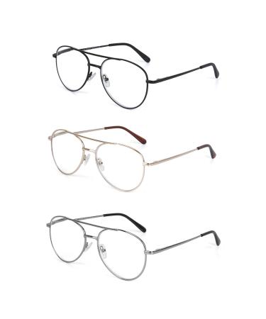 3 Pack Aviator Style Metal Frame Blue Light Blocking Reading Glasses Black Gold and Gunmetal 2.5 Diopters