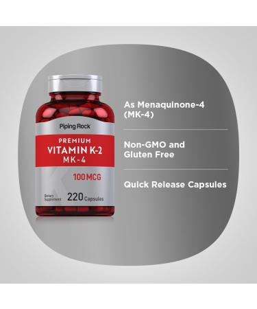 Piping Rock Vitamin K2 MK4 Supplement | 100 mcg | 220 Capsules | Non GMO & Gluten Free - Buy Online on GoSupps.com