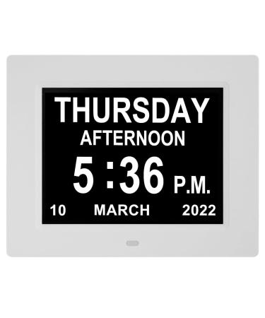 Digital Day Alarm Clock, Calendar Day Clock for Dementia, Alzheimer, Memory Loss, Vision Impaired, Senior, 12 Alarms, 8 Languages, White