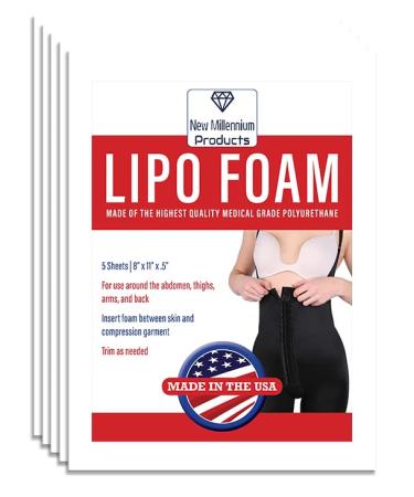 Lipo Foam SHEETS FOR POST SURGICAL USE WITH COMPRESSION GARMENT AFTER LIPOSUCTION TUMMY TUCK AB FLATTENING 8" X 11" 5 PACK NEW MILLENNIUM PROD