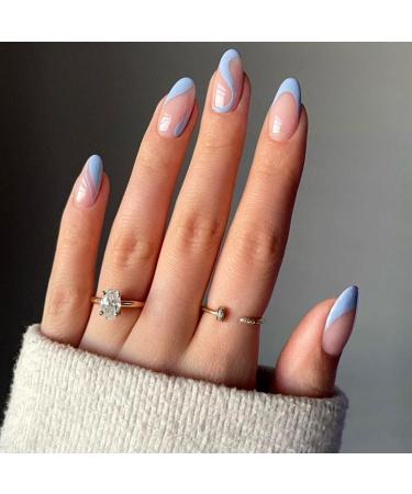 24Pcs Press on Nails Short French Tips Fake Nails Acrylic Square False Nails Summer Reusable Artificial Almond Blue Nails for Women and Girls