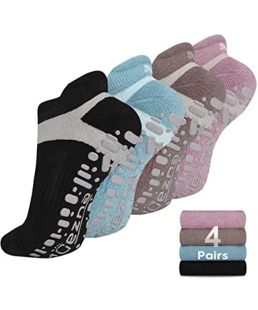 Muezna Non Slip Yoga Socks for Women Anti-Skid Pilates Barre Hospital Socks with Grips Size 5-10 4 Pack - Black/Coral Pink/Coffee/Ice Blue