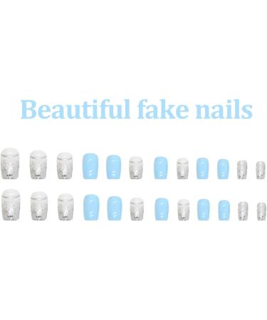 24PCS French Square False Nails - Blue Solid Color Flash Acrylic Fake Nails for Women - Easy Press-On with Glue - Nail Art for Girls - Buy Online on GoSupps.com