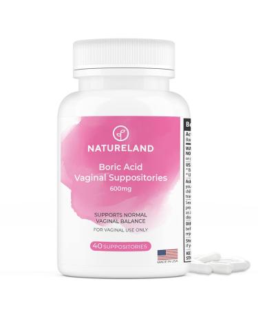 NATURELAND 40 Count, 600mg Boric Acid Vaginal Suppositories, Made in USA, Restore pH Balance and Reduce Dryness, Odors, Itchiness, and Discharge, Support Intimate Health (40 Count (Pack of 1))
