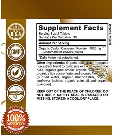 Certified Organic Ceylon Cinnamon 1000mg Tablets - Supports Healthy Blood Sugar, Antioxidant, Joint & Anti-Inflammatory Benefits - 60 Count - Buy Online on GoSupps.com