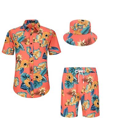 MCEDAR Men's Hawaiian Shirt and Short 2 Piece Vacation Outfits Sets Casual Button Down Beach Floral Suits with Bucket Hats Pink Orange 12003 X-Large