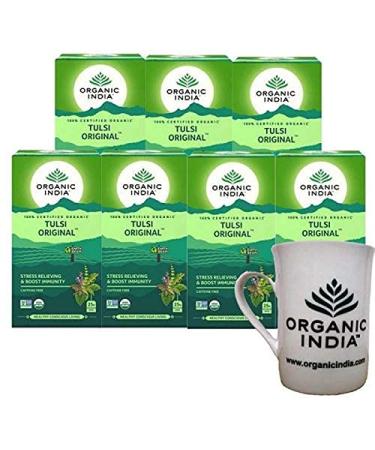 100% Natural Tulsi Original Tea 25 Infusion Tea Bags in Each Pack Fat to Fit Pack of 7 + Free Ceramic Mug