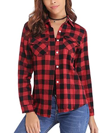 Irevial Womens Plaid Flannel Shirts Casual Long Sleeve Pintucked Button Down Blouse Tops Fall Jacket Shackets Coats Medium Red