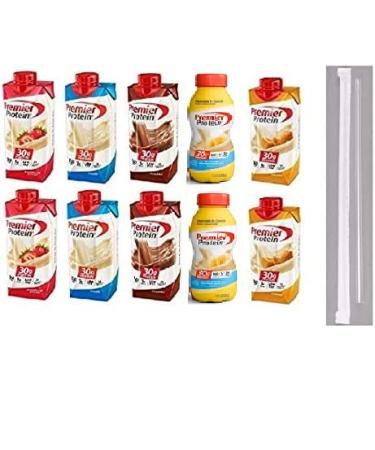 Premier Protein Shakes Drinks - Low Carb High Protein Shakes Variety 10 Pack (30g) | 2 of Each Flavor - Chocolate Strawberry Vanilla Banana & Caramel | Bonus of 10 Individually Wrapped Straws