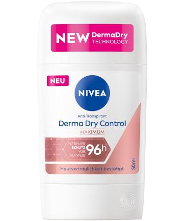 NIVEA DermaDry Control Antiperspirant Deodorant Stick for 96h Extreme Protection Against Sweat - For a Soft and Supple Feel on the Skin - 50 ml