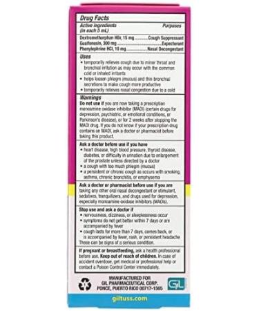 Giltuss Cough and Cold Syrup Maximum Strength Cherry Flavor - 4 Fl Oz Bottle - Buy Online on GoSupps.com