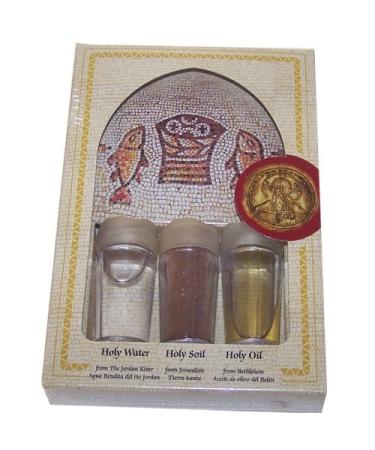 Holy Land Market Religious Samples - Tabgha (Large box - 3 small Sealed Samples Oil Water and Oil 6x4 inches) with Certificate