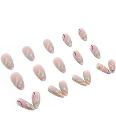 Rainbow Glitter Almond Short False Nails Set | 24 pcs French Press On | Multi Colour Fake Nails with Nail Glue | Pastel Oval Medium Stick On Nails for Women - Buy Online on GoSupps.com