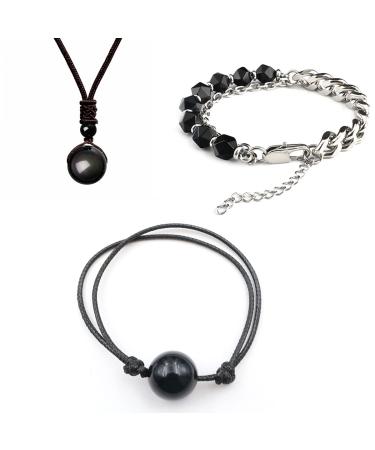 Soulnioi Natural Hraling Crystal Obsidian Pendant Necklace and Adjustable Bracelet for Protection 1pcs Black Onyx Beads Silver Adjustable Bracelet Obsidian Set 7
