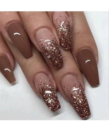 24Pcs/Set Press On Nails Brown Star Pink Ballet Trapezoidal Detachable Nail Polish False Nails Acrylic Fake Nails Full Cover Nails Tips Artificial Finger Manicure Press on nails for Women and Girls