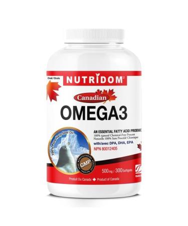 Nutridom Canadian Harp Seal Oil Omega-3 500mg 300 Softgels Essential Fatty Acid Supplement with DPA DHA EPA 100% Natural Chemical-Free Non-GMO Made in Canada