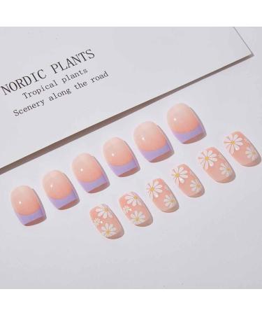 Foccna French Tip Purple Fake Nails - 24pcs Square Acrylic False Nails with Flower Design for Women and Girls - Buy Online on GoSupps.com