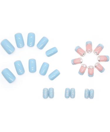 24Pcs Blue Glitter Short Square False Nails with Rhinestones | Reusable Press on Nails for Women | Nail Art Accessories - Buy Online on GoSupps.com